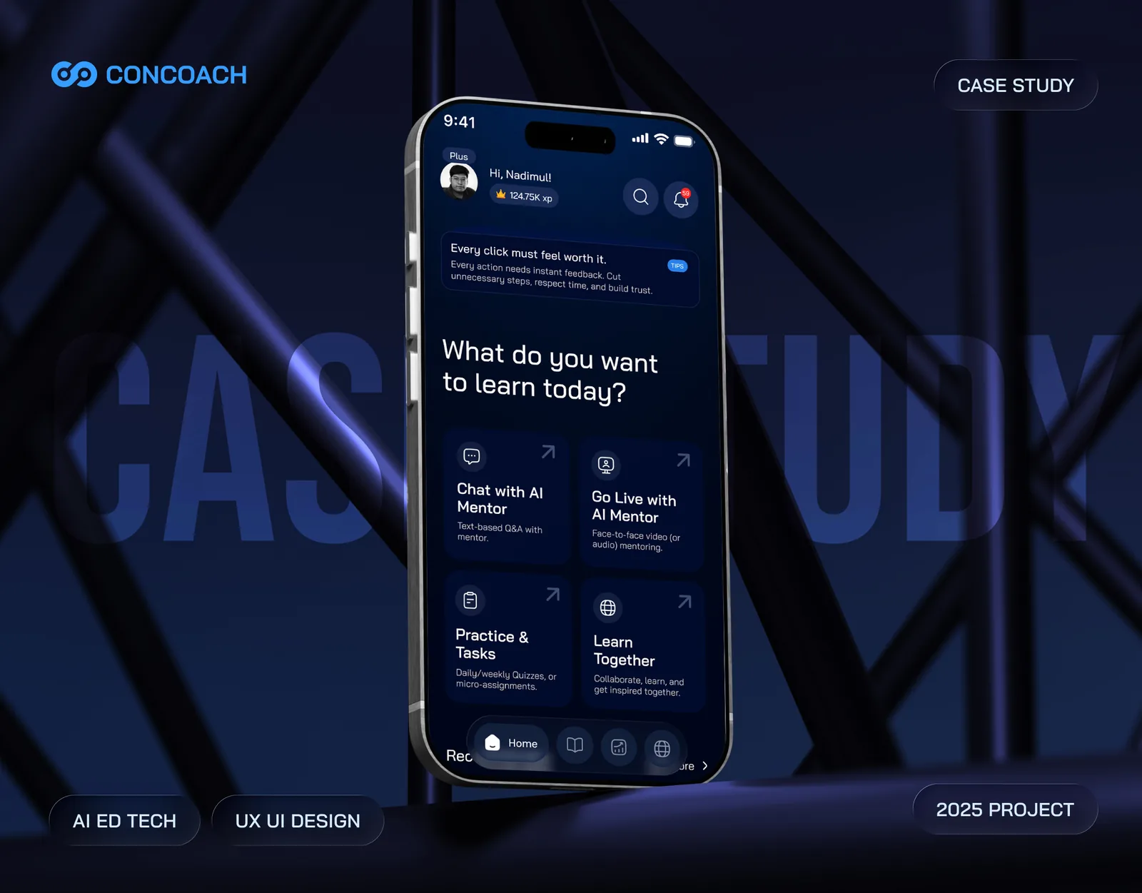 Concoach: An AI coaching MVP for learners, with mentor chat, practice tasks and group learning.